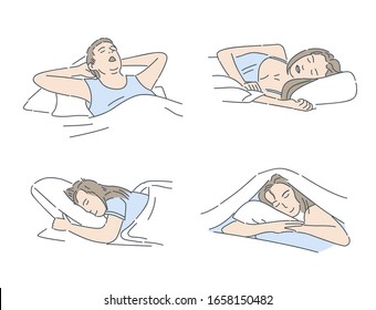 Man and women in night clothes sleeping in bed under blanket vector cartoon illustration isolated on white background. Sleeping peacefully, relax and sweet dreams outline concept.