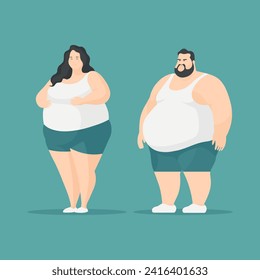 Obesidad de hombres y mujeres. Concepto de gente gorda. Dieta insalubre y problema de sobrepeso. Positividad corporal. Ilustración vectorial plana aislada en el fondo.