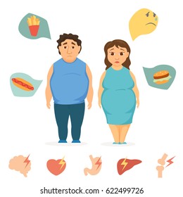 Man and women obesity infographics. Fat people concept. Unhealthy food and human organ chart. Sad overweight couple diet. Heart attack, brain, liver, bone, stomach, burger vector icon
