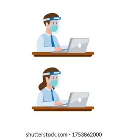 Man and Women Office Worker Wearing Face Shield and Mask, New Normal Activity icon set. concept in Cartoon Flat illustration vector