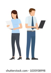 Man and women with paper sheet and notebook at startup project, brainstorming and briefing concepts of teamwork. Management and teamwork concept vector