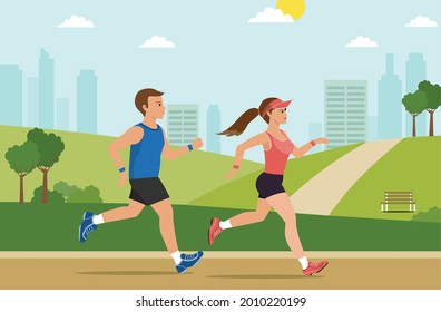 Man and women in park green landscape,jogging outdoor sport workout , Healthy, lifestyle,vector illustration