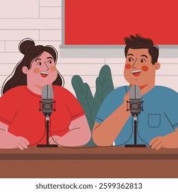 Man and women podcasting illustration