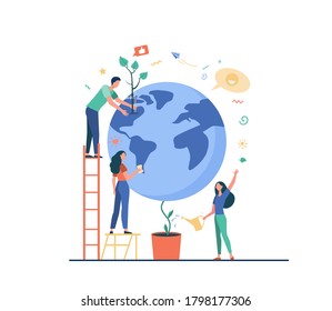 Man and women protecting plant on globe isolated flat vector illustration. Cartoon people saving earth nature. World conservation, eco science and environment concept