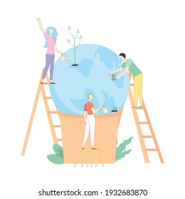Man and women protecting plant on globe isolated flat vector illustration. cartoon people saving earth nature. world conservation, eco science and environment Free Vector
