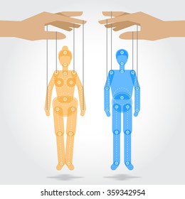 Man and women puppets with a separated part of body with a manipulative hands above them. Good for animation, infographic or for construction many different poses.