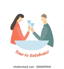 Hombre y mujer criando gafas con alcohol en un restaurante. Ilustración vectorial de estilo plano. Hora de alistamiento para celebrar en foto. Ilustración vectorial EPS 10