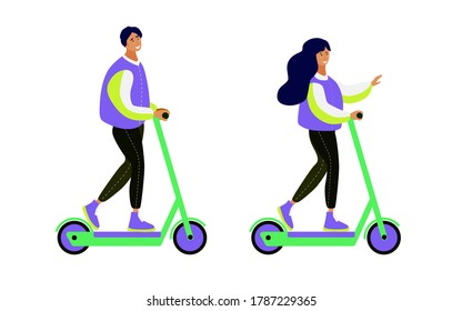 Hombre y mujer montando motocicleta eléctrica.Adultos jóvenes activos.Tecnologías modernas.Transporte ecológico. Transporte urbano.Alquiler de hormigas compartiendo motocicleta eléctrica pública.Ilustración vectorial plana.