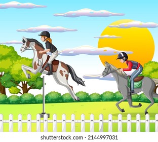 A man and women riding on a horse at natural scene illustration