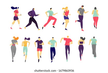 Man, women running on sports jogging activity people vector hand drawn fitness workout illustration isolated on white. Runners character group in motion. Active athlete people runner race, marathon.