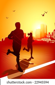 A man and women running on a sunny evening with the city in the background.