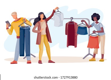 man and women are shopping for clothes in a store, man liked pants, vector illustration,