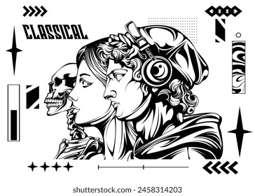 man women with skeleton side view brutalism design 