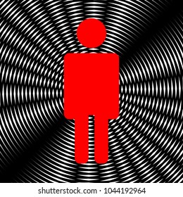 Man and women stands, walk and run icon set. People icon set. illustration. Vector. Red icon on white and black radial interference as background.