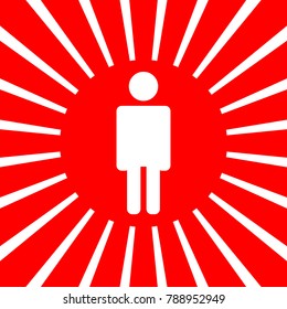 Man and women stands, walk and run icon set. People icon set. illustration. Vector. White icon on red sun with rays as background. Isolated.