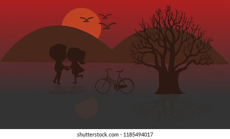 man and women sweet lovers go cycling in nature on holiday.Vector illustrations
