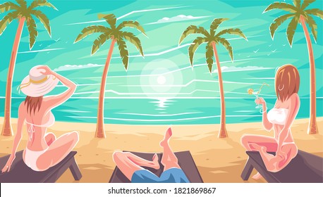 A man with women in a swimsuit lights up sitting on a sun lounger on a sea or ocean beach. Beautiful girls relax under the palm tree. Summer or luxurious vacation. Zakad under palm trees on the beach. - Shutterstock ID 1821869867