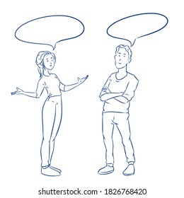 man and women talking with bubble above hand draw vector illustration