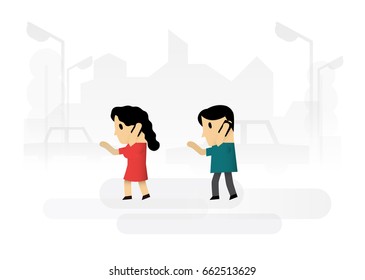 A man and a women are  talking on cell phone