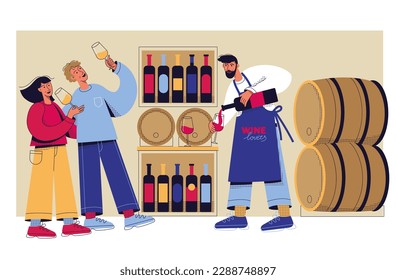 Man and women tasting wine. Winemaker with wine glass and bottle. Couple visit wine cellar. Restaurant worker and visitor. Vector illustration