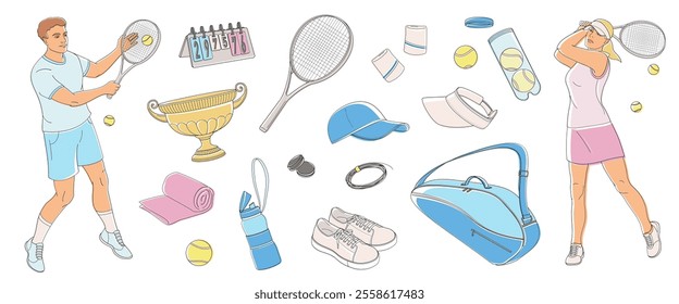 man and women in tennis uniform with tennis racket and tennis equipment set, racket, ball, shoes, bag, tennis strings, vibration dampener, towel, wristbands