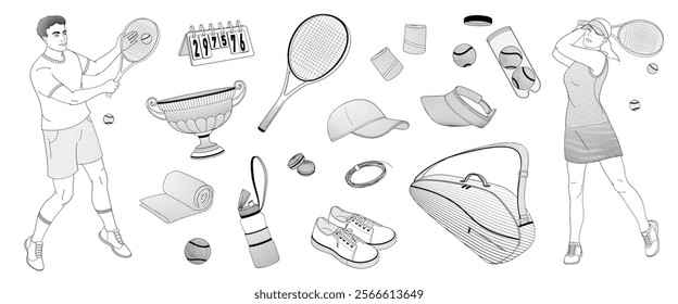 man and women in tennis uniform with tennis racket and tennis equipment set, racket, ball, shoes, bag, tennis strings, vibration dampener, towel, wristbands