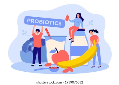 Man and women tiny people with probiotics food. Kefir, yogurt, apple, banana fruit flat vector illustration. Probiotic nutrition diet for health concept for banner, website design or landing web page