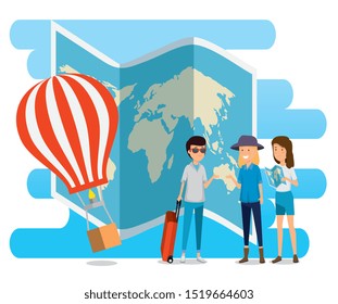 man and women tourist with global map and air balloon