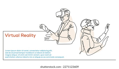 Man and women using virtual reality technology vector continuous one line art drawing