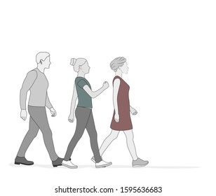 man, women are walking. crowd of people. people go to the goal. vector illustration.