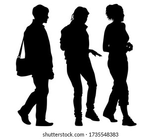 Man and women walking on street. Isolated silhouette on a white background