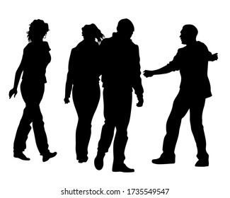 Man and women walking on street. Isolated silhouette on a white background