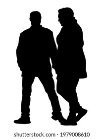 Man and women walking on street. Isolated silhouette on a white background