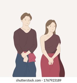 Man and women wear Thai tradition cloth style. Hand draw thin line style. Vector illustration.