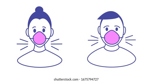 Man and women wearing protection medical mask from virus, smog, vapor,gas emission,pollutant icon. Concept stop coronavirus  Flat outline style. Vector illustration.