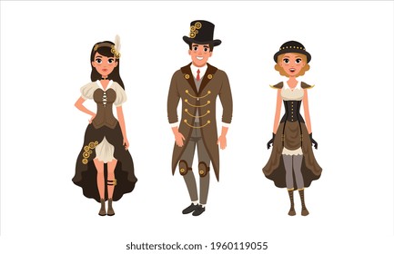 Man and Women Wearing Retro Stylish Steampunk Clothes Set Cartoon Vector Illustration