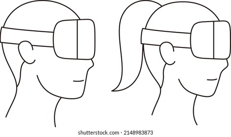 Man and women wearing Virtual reality glasses. front view, playing games, vector illustration