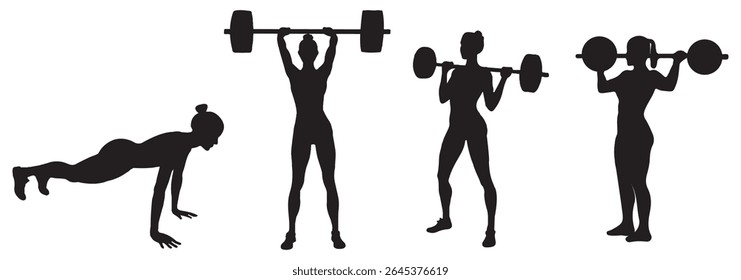 Homem e Mulheres levantamento de peso silhueta ícone set. Design de ícone de levantamento de peso de variedade. Atleta humano, levantador de peso e esporte. isolado no fundo branco. Ilustração vetorial. EPS 10.