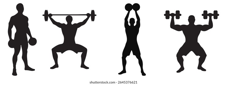 Man and Women weightlifting silhouette icon set. Variety weightlifting Icon design. Human athlete, weightlifter and sport. isolated on white background. Vector illustration. EPS 10.