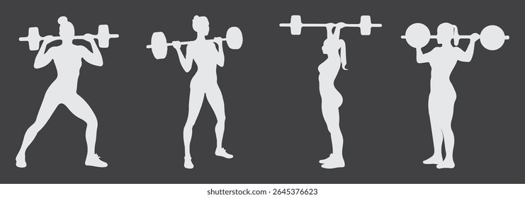 Homem e Mulheres levantamento de peso silhueta ícone set. Design de ícone de levantamento de peso de variedade. Atleta humano, levantador de peso e esporte. isolado no fundo branco. Ilustração vetorial. EPS 10.