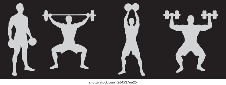 Homem e Mulheres levantamento de peso silhueta ícone set. Design de ícone de levantamento de peso de variedade. Atleta humano, levantador de peso e esporte. isolado no fundo branco. Ilustração vetorial. EPS 10.