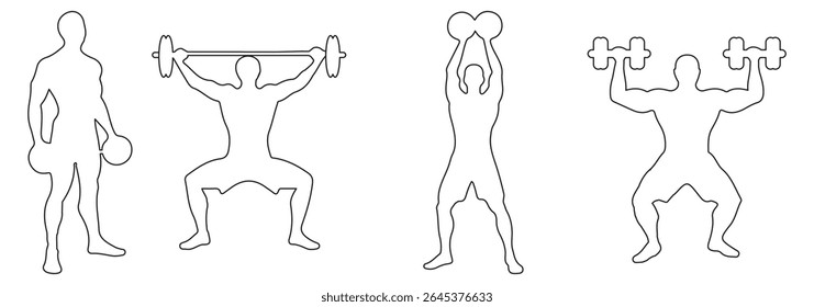 Homem e Mulheres levantamento de peso silhueta ícone set. Design de ícone de levantamento de peso de variedade. Atleta humano, levantador de peso e esporte. isolado no fundo branco. Ilustração vetorial. EPS 10.