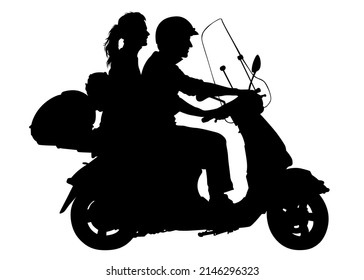 Man and women whit retro scooter on white background