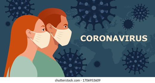 Man and women in white medical face mask. Coronavirus in world. Concept of quarantine, pandemic medical concept with dangerous cells. Vector illustration. People with red hair. Novel coronavirus.