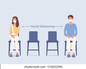 Man and Women who wearing a mask siting on a chair and make blank space for taking social distancing while waiting something. Illustration about way to prevent Coronavirus spread in public place.