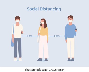 Man and Women who wearing a mask taking social distancing while standing in queue. Illustration about way to prevent Coronavirus spread in public place.
