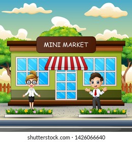 Man and women working at mini market