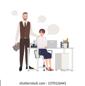 Man and women working together. Office workers or colleagues dressed in smart clothes sitting in chair and standing at desk with computer and talking to each other. Flat cartoon vector illustration.