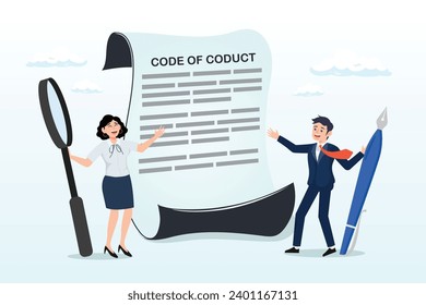 Man and women  writing code of conduct document, code of conduct, ethical policy or rules, regulation or principles guideline for work responsibility, compliance document or company standard (Vector)