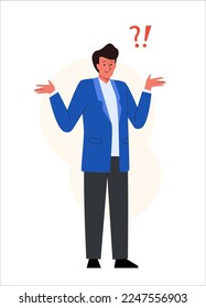 Man wondering with question mark. Surprised shocked female character design in a questioned pose. Vector illustration in flat style